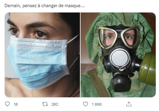 Surréaliste. Les consignes américaines. En cas d’attaque nucléaire portez votre masque Covid et respectez la distanciation sociale